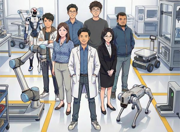 Illustration of the DANiLab team with robotic systems in a laboratory
